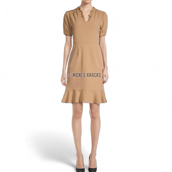 Nanette Lepore Puff Sleeve Fit & Flare Ruffle Hem Dress Beige Neutral Size 2 - Picture 11 of 12